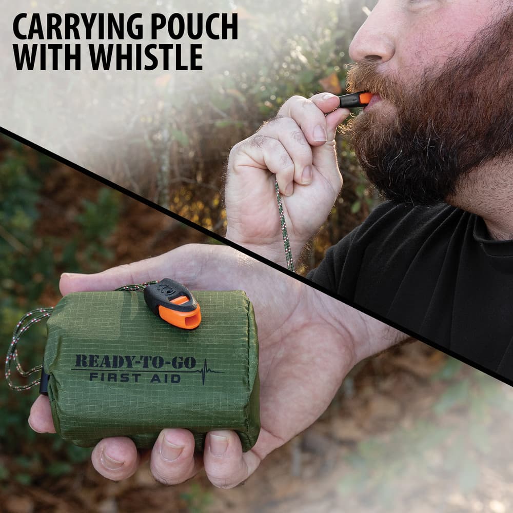 Full image showing the carrying pouch and whistle that comes with the Green Emergency Sleeping Bag. image number 1